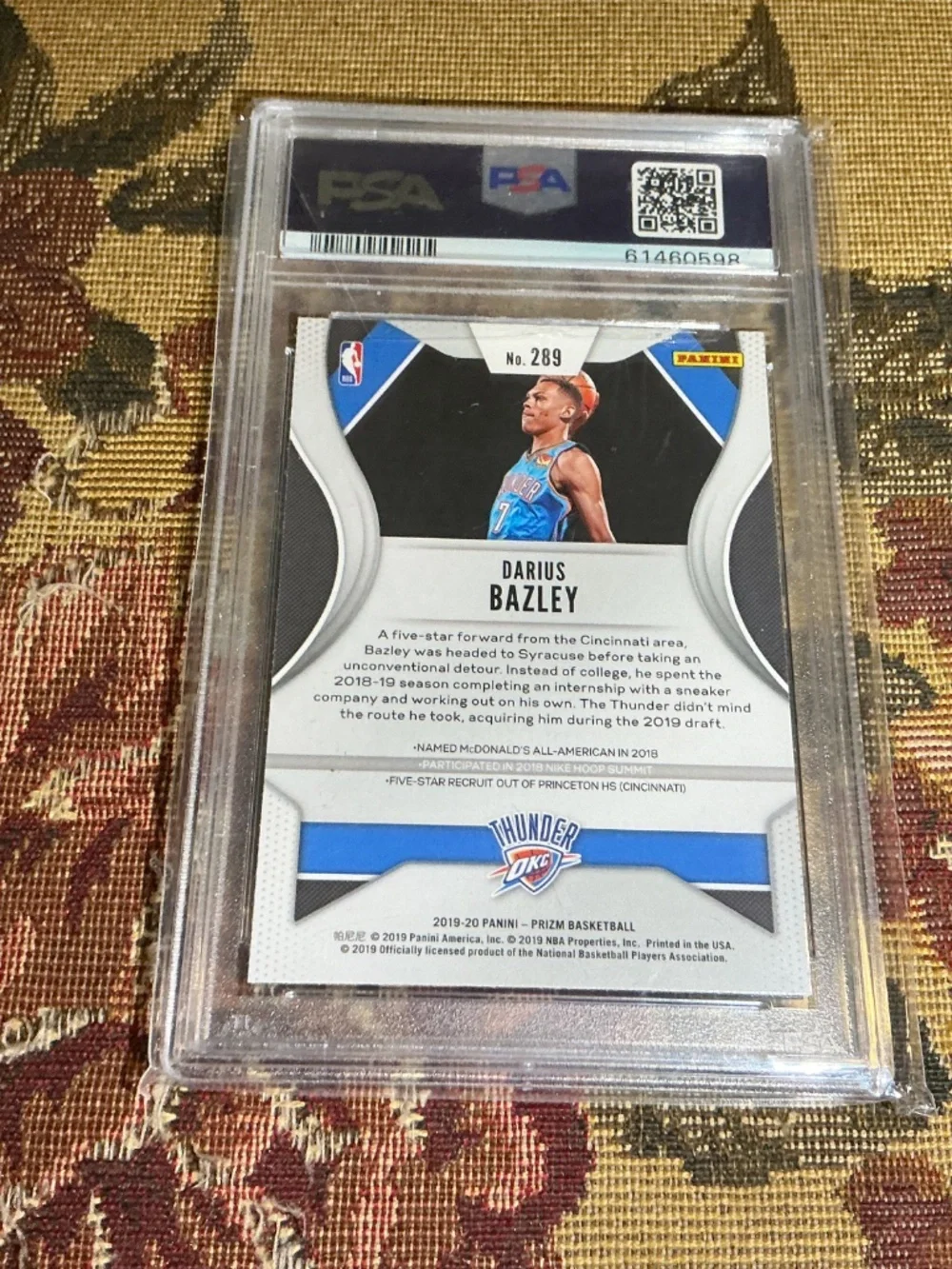 #289 Darius Bazley 2019 Panini Prizm rookie card Graded PSA 10